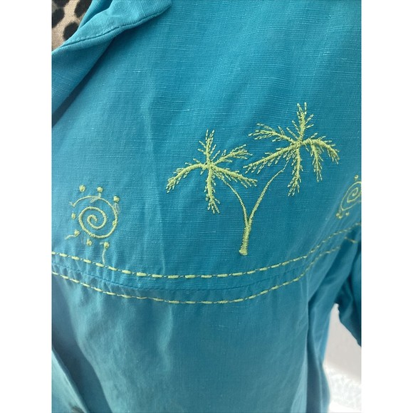 Dress Barn Top Shirt Blouse 20W SILK LINEN Embroidered Tropical Beach Turquoise - Picture 3 of 7